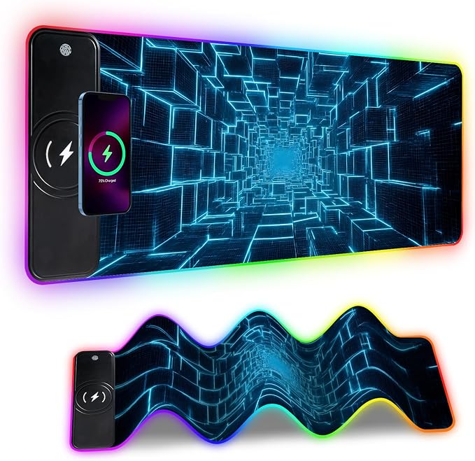 Wireless Charging RGB Gaming Mouse Pad, 31.5 x 11.8 Inch Extended Mouse Mat with Cyber Tunnel Design, LED Desk Pad with 7 Lighting Modes, Non-Slip Base for Gaming & Office by THISFIND
