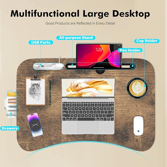 Lap Desk for Bed Adjustable Height, Foldable Bed Table with Storage Drawer, Tablet Slot & Cup Holder, Portable Laptop Stand for Bed & Sofa, Bed Desk for Adults & Kids, Carbonized - Image 5