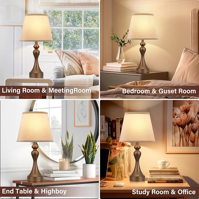 Touch Lamps for Nightstand, 3 Way Dimmable Bedside Lamps with USB C+A Ports | Touch Control, LED Bulb Included, Small Brown Table Lamp for Bedroom, Night Stands, End Table, Gift，Corded，Oat Shade - Image 3