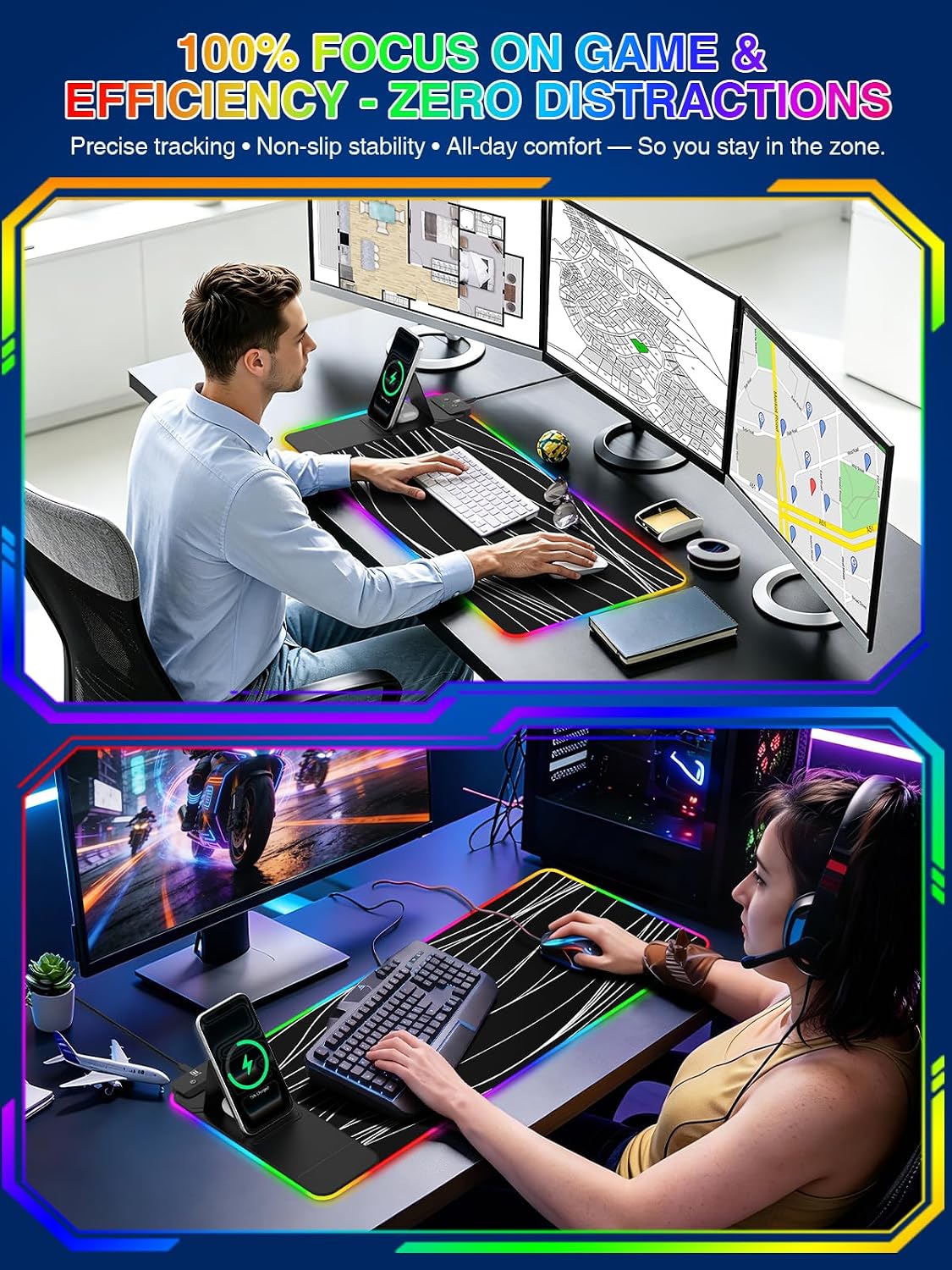 RGB Mouse Pad with Foldable Phone Stand Wireless Charger, 31.5"x11.8" XL Gaming Mousepad Large Desk Mat, Desk Pad with 11 Colors 5 Modes, Waterproof - Image 8