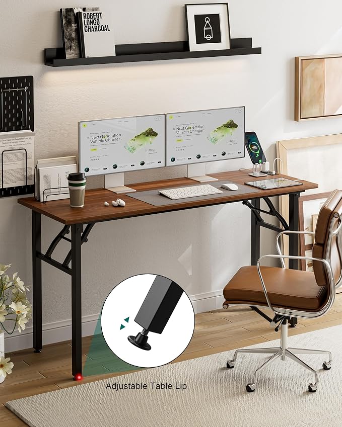 Small Folding Computer Desk – 55.1 Inch Portable Table for Craft and Study, Lightweight Desk for Small Spaces, Foldable Laptop Table Built-in AC/USB Outlets for Convenience, Dark Walnut - Image 8