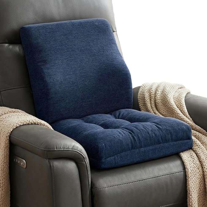 baibu Memory Foam Small Recliner Cushions with Lumbar Support Pillow Set, 18x16x4 Inch Dual-Layer Design Non-Slip Recliner Seat Cushion & Back Support Pillow for Reduce Hip & Lumbar Pain, Navy Blue by baibu