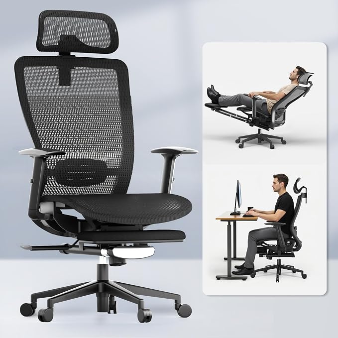 FLEXISPOT OC3 Air-F Ergonomic Office Chair with Footrest, Mesh Back Computer Chair, Home Office Desk Chairs, with Adjustable Lumbar Support/2D Headrest/Reliable Base, Black by Unknown