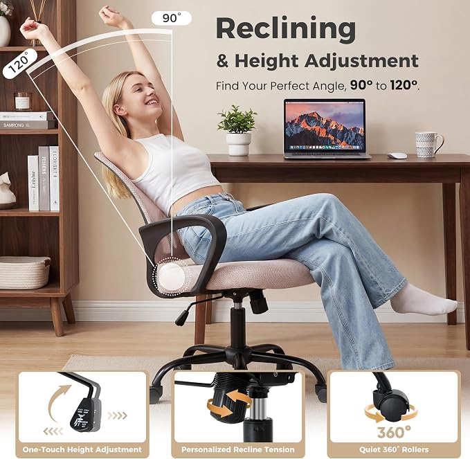 OLIXIS Ergonomic Office Chair, Home Desk Mesh Chairs, Lumbar Support | Height Adjustable, Fixed Armrest, Rocking Mode, 360 Swivel, Storage Back, Computer, Pink - Image 4