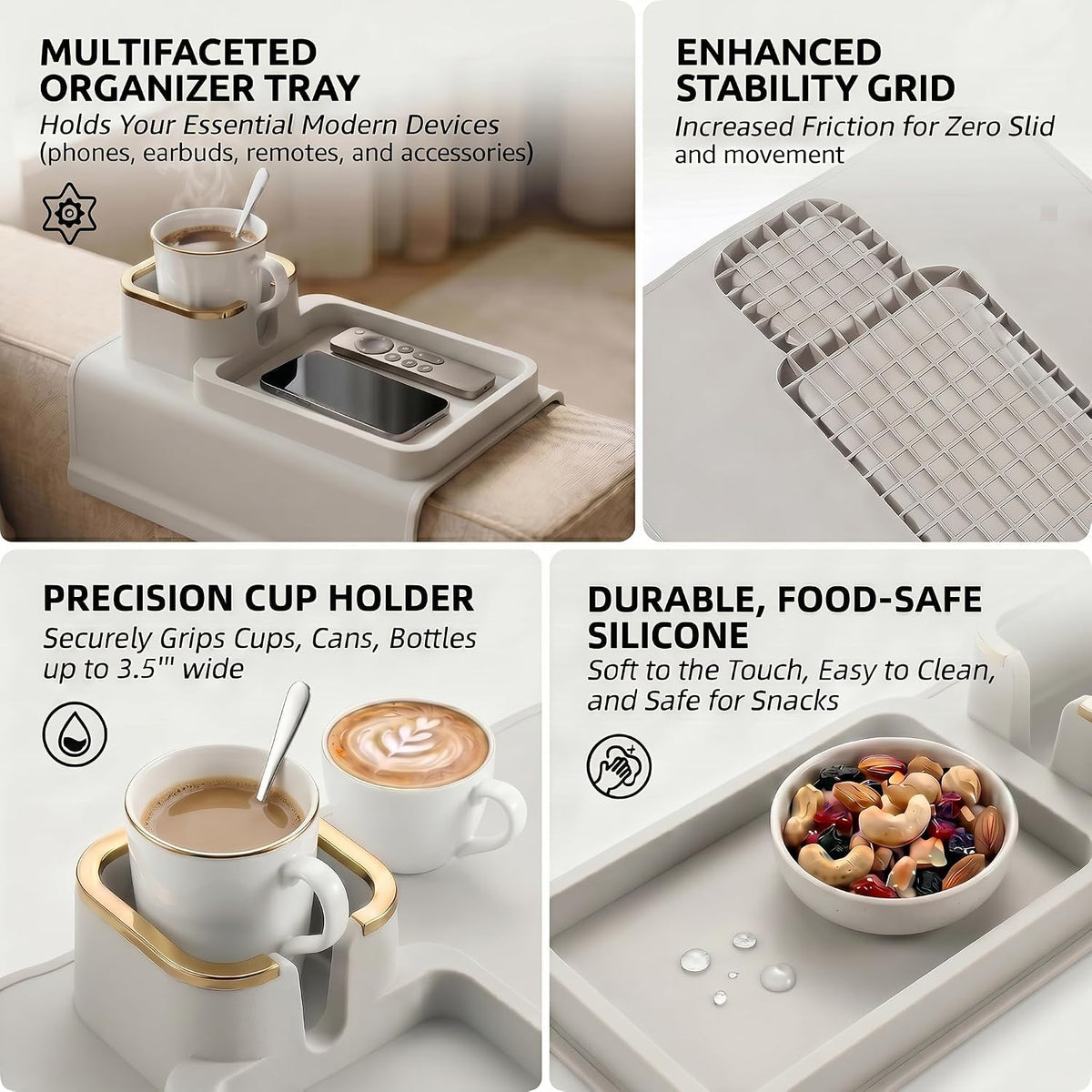 Silicone Recliner Cup Holder, Couch Cup Holder Tray & Armchair Caddy, Weighted Non-Slip Drink Holder for Chairs, Anti-Spill Armrest Beverage Holder for Mugs, Remote & Phone, Beige Grey - Image 3