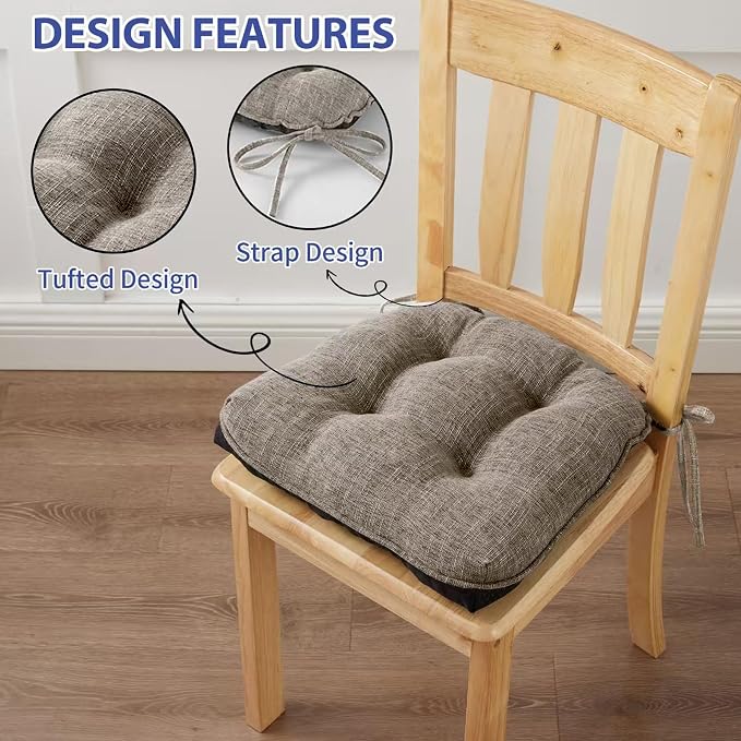 IPYNBAP Chair Cushions for Dining Chairs Set of 6, Kitchen Chair Cushions, Chair Pads with Ties and Non Slip Backing, Tufted Memory Foam Seat Cushion 6 Pack, 15.5" x 15.5" x 4", Khaki - Image 4