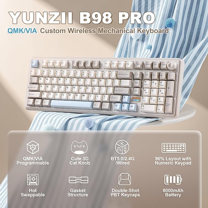YUNZII B98 PRO 96% Wireless Mechanical Keyboard(Beige, Candy Switch) | QMK/VIA, with Numpad, Dual-Style Knob Design, Creamy Pre-Lubed Switches, Hot Swap, Gasket Mount, RGB for Gaming/Win/Mac - Image 2