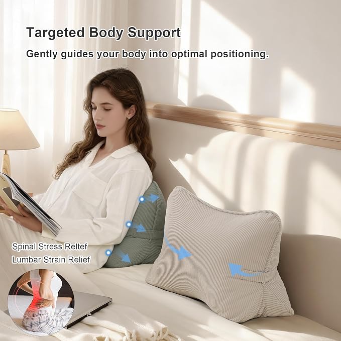 Pat. Pend. Corduroy Lumbar Support Back Pillow for Watching TV, Reading & Gaming, Ergonomic Triangle Support Cushion for Sofa, Armchair & Bed Sitting, Removable Washable Cover, Beige Gray - Image 4