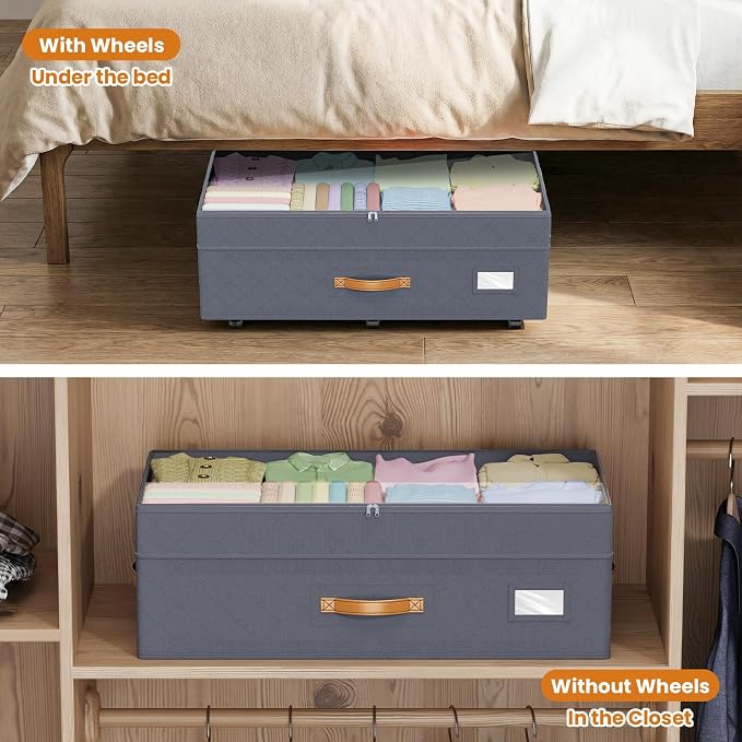 Budding Joy 80L 2 Pack Adjustable Under Bed Storage Containers with Wheels | Rolling shoe storage organizer with clear lids and label for dorm home clothes, blankets, toys, easy to install, grey - Image 5