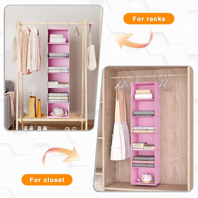 Hanging Closet Organizer 6-Shelf, Oxford Fabric Wardrobe Storage, Pink | Easy-mount foldable design holds clothes, handbags, shoes & accessories; washable Oxford fabric, sturdy and space-saving. - Image 5