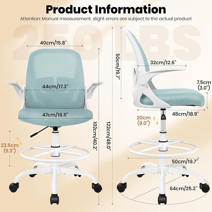 Drafting Chair Tall Office Chair with Flip-up Armrests Executive Ergonomic Computer Standing Desk Chair with Lumbar Support and Adjustable Footrest Ring（Light Blue） - Image 3