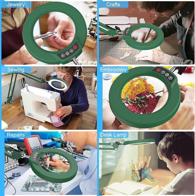 10X Magnifying Glass with Light and Clamp, Real Glass Stand Lighted Magnifier, 5 Color Modes Stepless Dimmable LED Desk Lamp Hands Free for Crafts Hobby Reading Painting Sewing Close Work - Green - Image 7