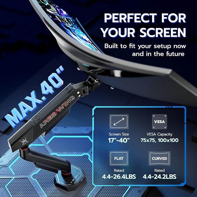 ARES WING 17-40 Inch Heavy Duty Single Monitor Arm with USB, Black | Fully Adjustable Monitor Mount for Flat Curved Ultrawide Screens Up to 26.5lbs, C-Clamp & Grommet Base, 75/100 Vesa Mount - Image 2