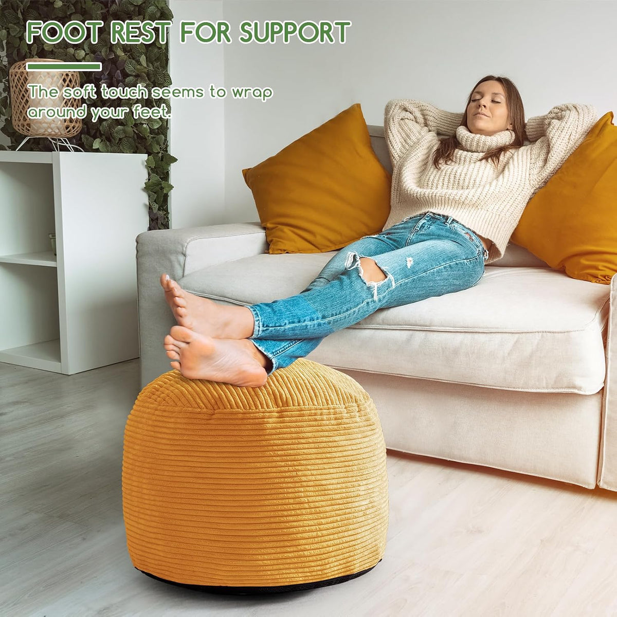 HIGOGOGO Round Stuffed Pouf Ottoman, Corduroy Poufs with Foam Chunk Filling, Furry and Fluffy Pouf Foot Stool Storage Ottoman, 20 X 15 Floor Poufs Foot Rest for Living Room, Orange - Image 5