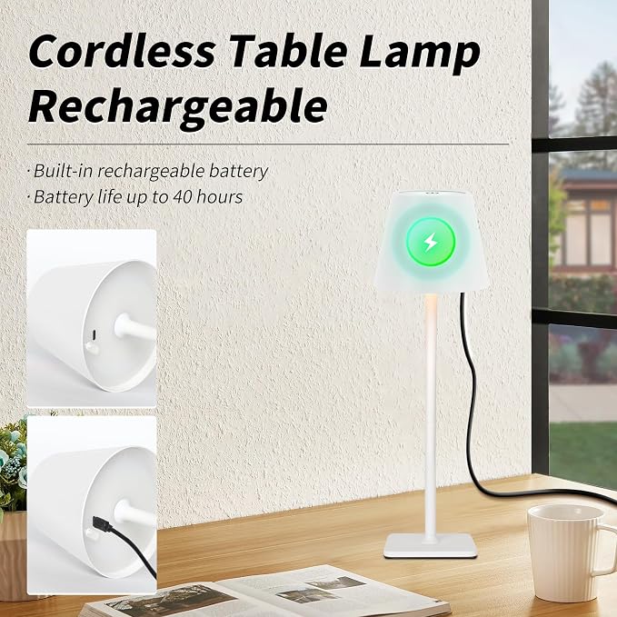 Mr. White Outdoor Waterproof Cordless Wireless Rechargeable Portable Top Touch Battery Operated Powered LED Table Lamp Desk Lamp Lights for Restaurant Kitchen Patio Dinner Dining (White) - Image 6