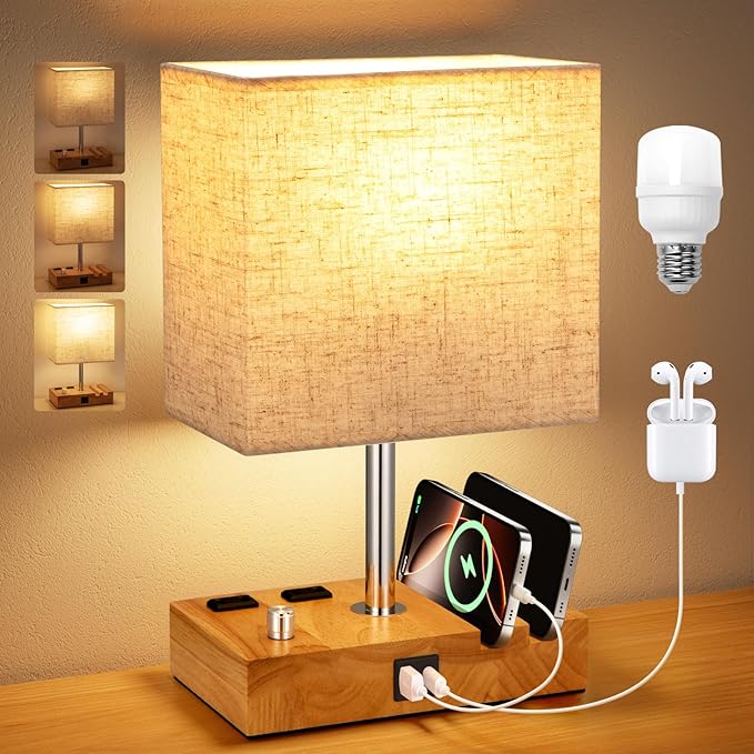 Wood Grain Table Lamp for Bedroom, Stepless Dimmable, USB C+A, 2 AC Outlets | Dimming By Rotary Knob, USB C+A Ports, 2 Phone Stands, LED Bulbs Included, Rectangle Beige Lampshade, for Living Room, Desk by KakanuoLightings