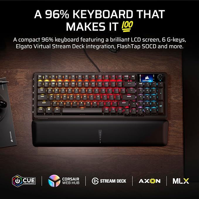 Corsair Vanguard 96 Wired Mechanical Gaming Keyboard – 96% Layout, MLX Plasma Linear Switches, 8000Hz Polling, LCD Display, Virtual Stream Deck, G-Keys, SOCD Flashtap, QWERTY US – Black - Image 2