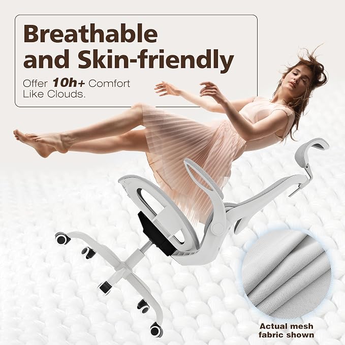 Ergonomic Mesh Office Chair- White Desk Chair, Flip-Up Armrest, Adjustable Headrest, Tilting with Soft Seat and PU Wheel, Elite Home Desk Chair for Work, Study, Gaming (GY1108) - Image 7