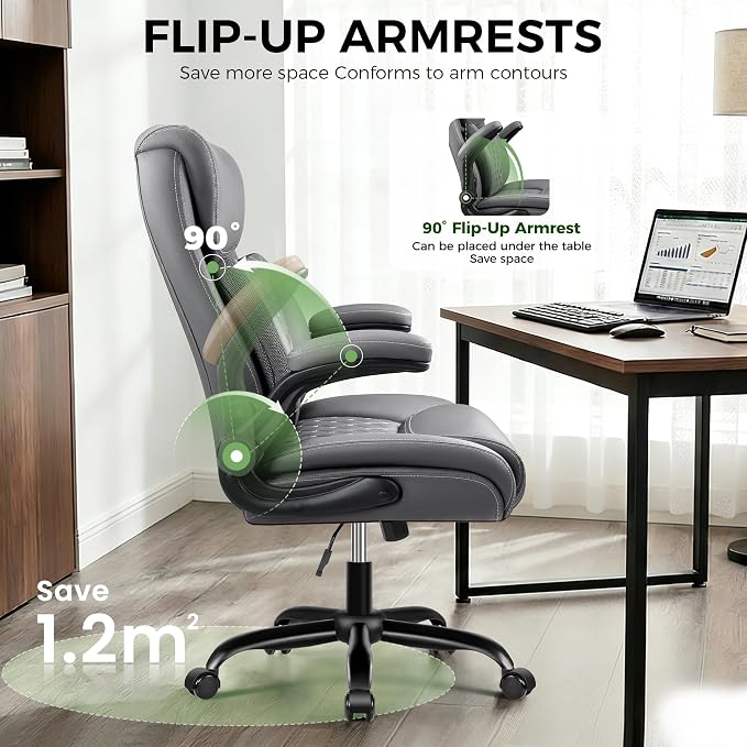 Office Chair, Ergonomic Executive Desk Chair with Lumbar Support for Lower Back Pain Relief, Padded Flip-Up Armrests, Leather Home Office Chair, Gray - Image 6
