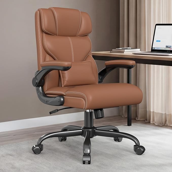 Office Chair, Executive Mid-Back Computer Desk Chair with Flip-up Armrests | 300 Lbs Ergonomic Leather Swivel PC Chair with Rock Function for Working Studying (Brown) by BoxDesignLab