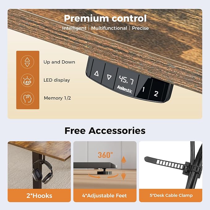 Agilestic Electric Height Adjustable Standing Desk, 48 Inch, Rustic Brown | Smooth Height Adjustment, Memory Presets, Hooks, Stable Steel Frame,154 lbs Capacity, Easy Assembly, Splice Board - Image 6