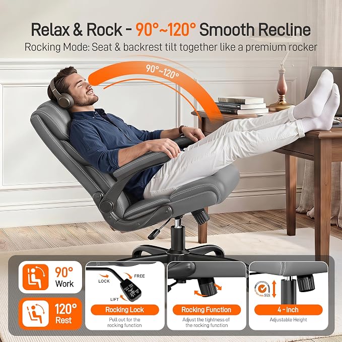 Office Chair, Executive Mid-Back Computer Desk Chair with Flip-up Armrests | 300 Lbs Ergonomic Leather Swivel PC Chair with Rock Function for Working Studying (Gray) - Image 3