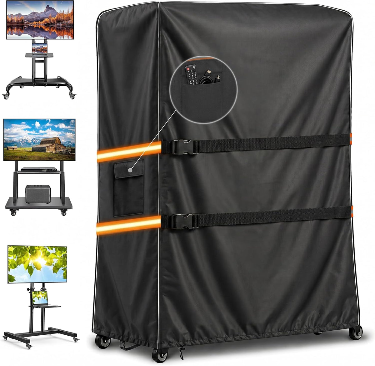 Outdoor TV Trolley Cover for 55-60 Inch Screen, Heavy Duty 600D Waterproof Rolling TV Stand Cover, Weatherproof Mobile TV Cart on Wheels Protector with Remote Pocket, Black 55"x15"x57" by Acreater