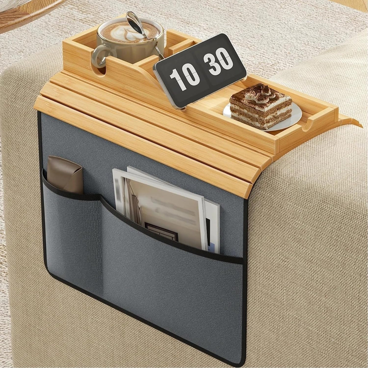 Bamboo Couch Armrest Tray Table, Couch Cup Holder with Couch Caddy - Image 3