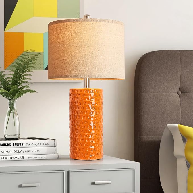 23" Modern Ceramic Table Lamp Set of 2, Table Lamps for Living Room, Rustic Farmhouse Bedside Lamps Nightstand lamp for Bedroom, Desk Lamp for End Table Home Decor Orange - Image 5