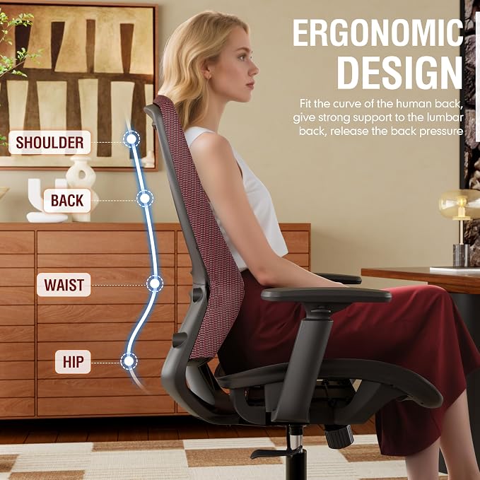 Mesh Office Chair,Ergonomic Computer Desk Chair,Sturdy Task Chair- Adjustable Lumbar Support & Armrests,Tilt Function,Comfort Wide Seat,Swivel Home Office Chair (Red) - Image 4