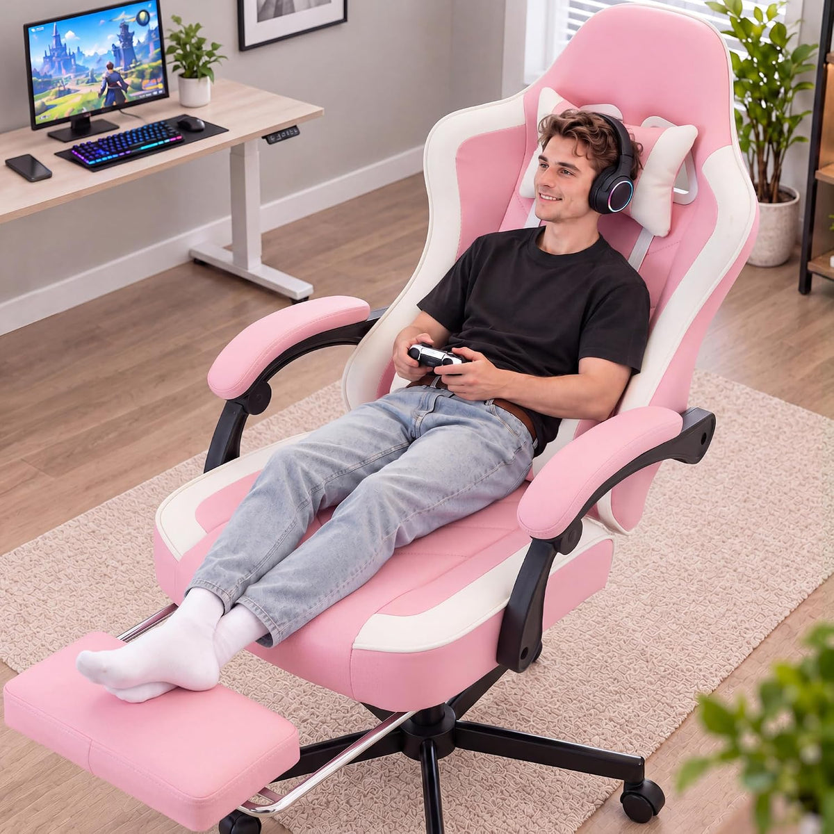 Office Desk Computer Gaming Chair for Adults, Ergonomic High Back Gamer Chair with Massage and Pocket Spring Cushion, Swivel Comfy Video Game Chairs with Footrest and Lumbar Support (Pink White) by Wismestr