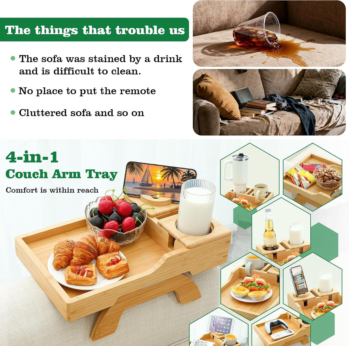 Bamboo Couch Cup Holder, 4 in 1 Couch Arm Trays with 360°Rotated Phone Holder, Non-Slip Clip on Side Table for Drinks/Remote/Snacks, Ideal Gift for Husband, Wife, Parents - Image 2