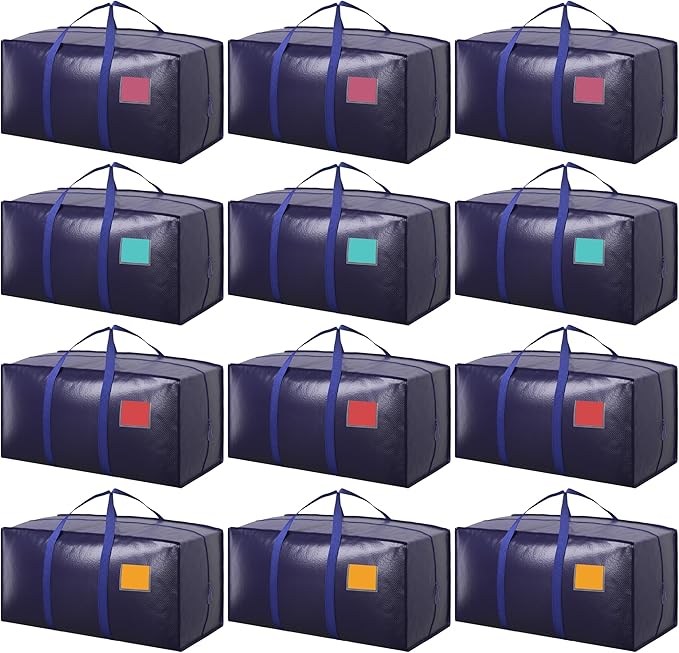 12 Pack Moving Bags with Full-Open Side Zipper, Extra Large 93L Heavy Duty Waterproof Foldable Storage Totes for College Dorm, Moving & Home OrganizationDarkBlue by RMOHRO