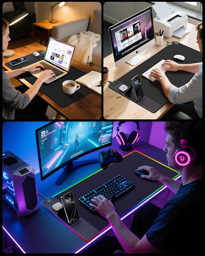 Wireless Charging Mouse Pad with Phone Stand, 31.5"x15.8" Large | Gaming Mousepad RGB Desk Mat, Smooth Glide, Stitched Edge, Non-Slip Rubber Base, Waterproof Keyboard Mat, No Adatper - Image 8