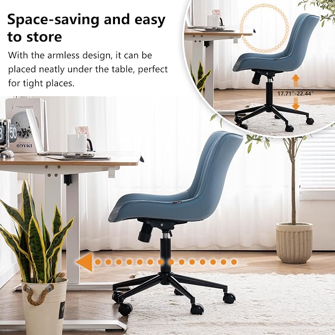 YOUNIKE Office Desk Chair with Wheels Armless Vanity Chair Modern Blue | Faux Leather Upholstered with Rocking Back, Swivel Height Adjustable Small Cute Computer Rolling Task Chair Ergonomic 300lb - Image 5