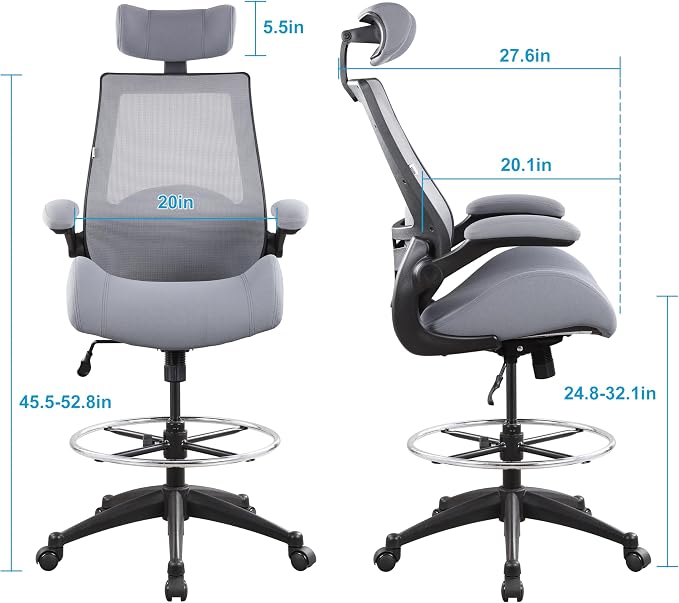 BOLISS 400lbs High Back Drafting Chair with Adjustable Headrest | High Computer Office Chair for Standing Desk, Flip up Armrests, Lumbar Cushion, Adjustable Big Footrest Ring - Image 3