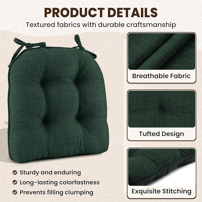 downluxe Indoor Chair Cushions for Dining Chairs, Tufted Overstuffed Textured Kitchen Chair Pads with Ties and Non-Slip Backing, 15.5" x 15.5" x 4", Dark Green, 6 Pack - Image 5