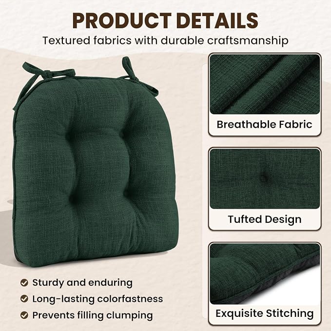 downluxe Indoor Chair Cushions for Dining Chairs, Tufted Overstuffed Textured Kitchen Chair Pads with Ties and Non-Slip Backing, 16.5" x 16.5" x 4", Dark Green, 4 Pack - Image 5