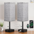 Set of 2 Grey Bedside Table Lamps for Bedroom - Nightstand Lamp, USB C+A | Pull Chain Lamp, 3 Color Modes(3000K/4000K/5000K), E26 LED Bulb Included, Square Grey Fabric Lampshade, for Read, Work, Dorm by Aooshine