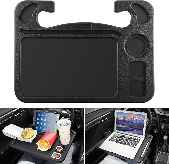JUSTTOP 4 In 1 Car Steering Wheel Desk for Laptop,Versatile Upgraded Car Seat Tray, Spacious Steering Wheel Table With Tablet Holder and Dual Sauce Racks,Steering Wheel Under Table Console (Large) by JUSTTOP