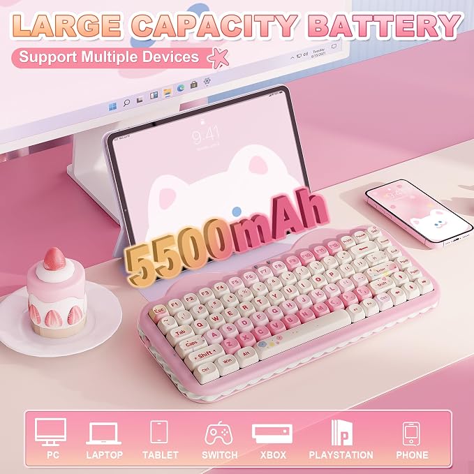 YUNZII C75 Cute 75% Wireless Mechanical Keyboard (Pink, Milk Switch) | Creamy Cake Keyboard, BT5.0/2.4G/USB-C, Hot-Swap, NKRO, PBT MOA Keycaps,5500mAh RGB Gasket Mount for Mac/Win/Gaming/Office - Image 6