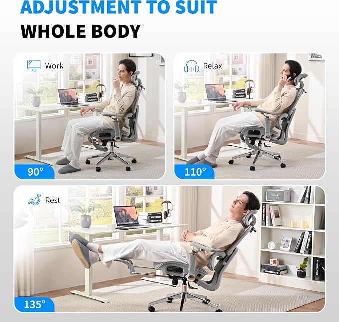 Mesh Ergonomic Office Chair with Footrest, Grey | 6D Armrests High Back Mesh Gaming Chair with Lumbar Support,Adjustable 3D Headrest for Home Office Desk Chair - Image 7