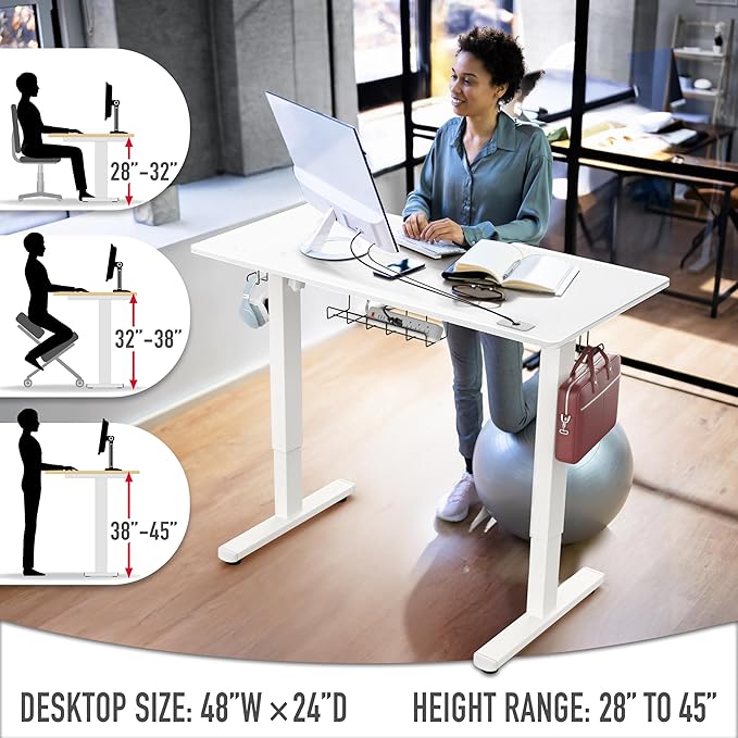 SHW 48-Inch Electric Height Adjustable Standing Desk w/Drawer, White | w/ Memory Presets and Cable Management | Drawer with adjustable compartments | Hanging Hooks - Image 6