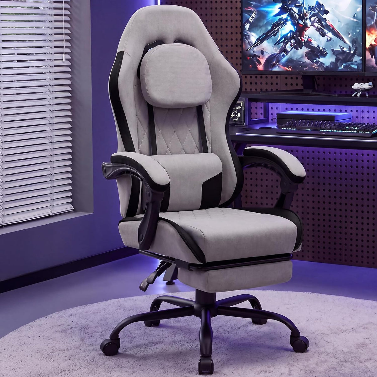 Gaming Chair with Footrest, Ergonomic Fabric Desk Chair, Grey - Image 8