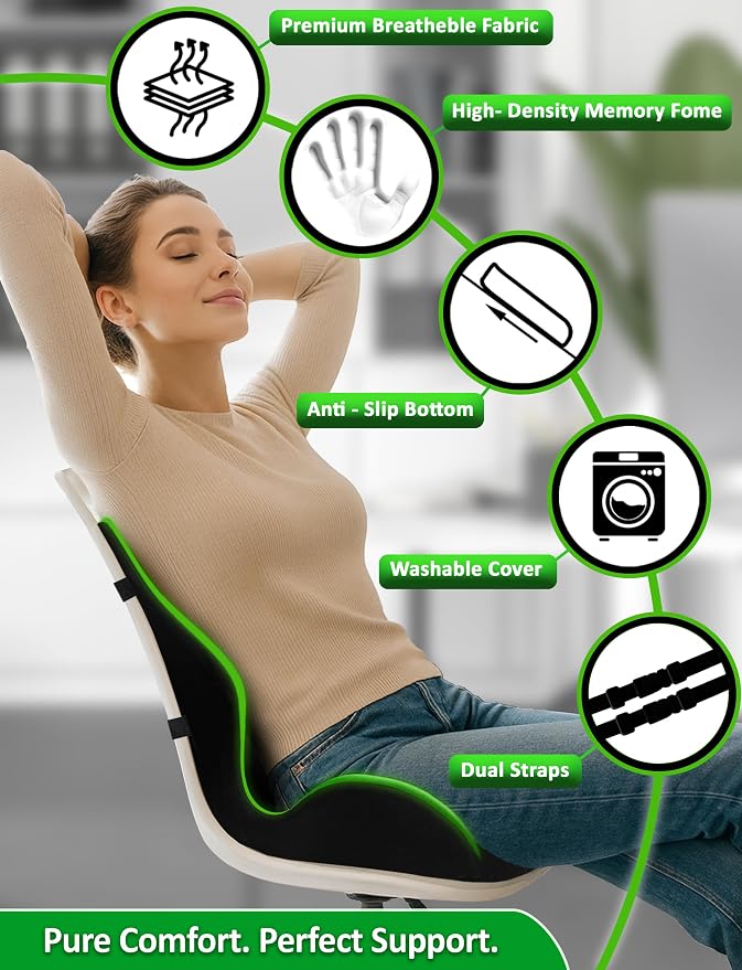 Ergonomic Memory Foam Seat Cushion for Office Chair, Car Seat, Dining, Gaming Chair & Wheelchair, Full Back & Lumbar Support Pillow One Piece, Back Pain Relief, Coccyx, Tailbone & Sciatica Pain Relief - Image 6