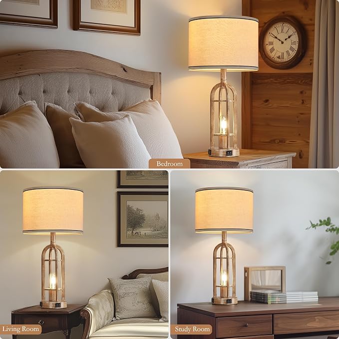 SRJJA Farmhouse Table Lamps for Living Room End Table Set of 2 - Rustic Bedside Lamps for Bedroom Nightstand with Night Light & USB A+C, Bulbs Included - Image 4