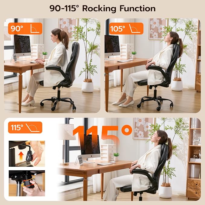 Ylzyxal Office Desk Chair, Ergonomic Computer Chair with Padded Flip-Up Arms and Adjustable Lumbar Support, PU Leather Executive Chair with Tilt Lock and 360° Swivel Rolling Wheels for Work, Study - Image 4