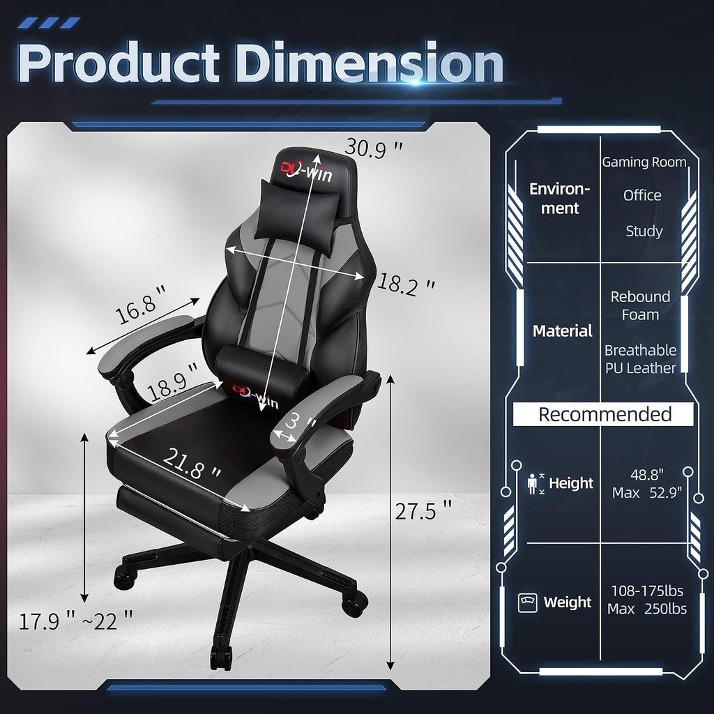 Big and Tall Gaming Chair, Footrest and Massage Lumbar Support, Grey - Image 3