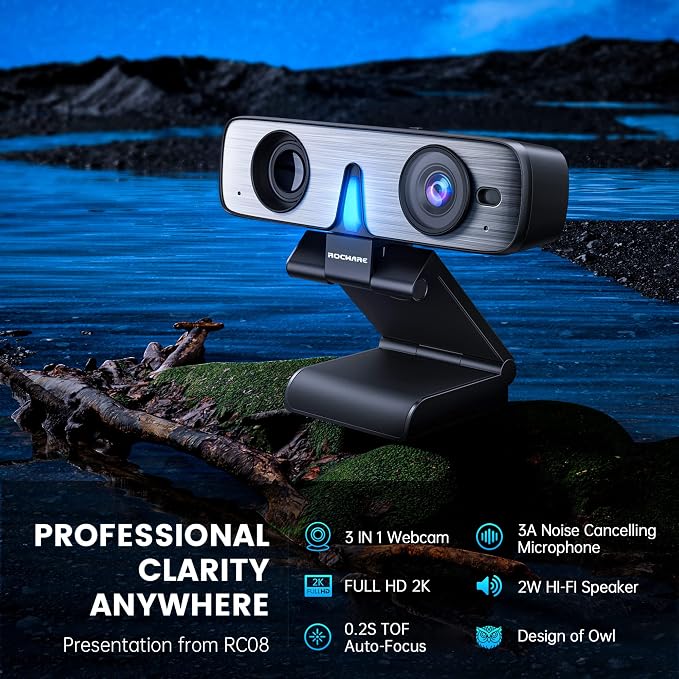 RC08 2K Webcam with Speaker, Webcam for PC, HD Web Cam with Noise Reduction Mic/Harman Speaker/4X Eptz/Privacy Cover/0.2S Auto-Focus/Low Illumination, Computer Camera for Zoom/Teams/Meeting - Image 8