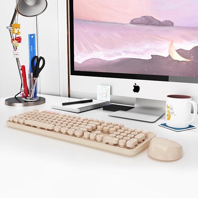 Cute Colorful Wireless Keyboard and Mouse Combo | 104 Keys Typewriter Retro Round Keycaps Keyboard for PC Laptop,Desktop,Windows, Home and Office Keyboards, - Image 9
